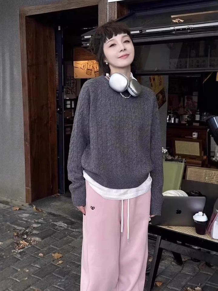 Damen Zopfstrick-Pullover aus Baumwoll-Mix mit legerer Oversize-Silhouette Drune
