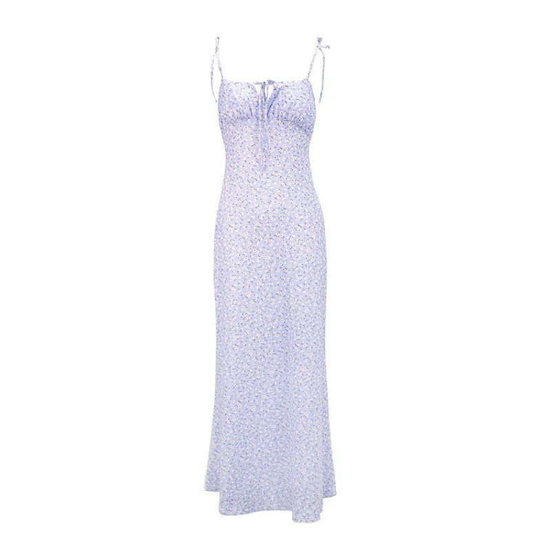 Damen luftiges Maxikleid mit verstellbaren Spaghettiträgern und süßem Blumendruck Drune
