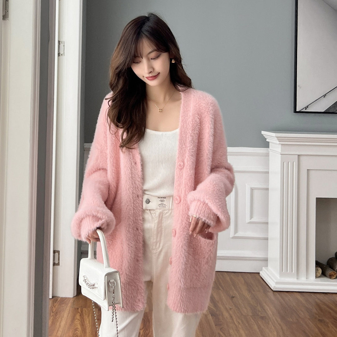 Damen Flauschige Strickjacke mit Taschen und breitem Revers Drune
