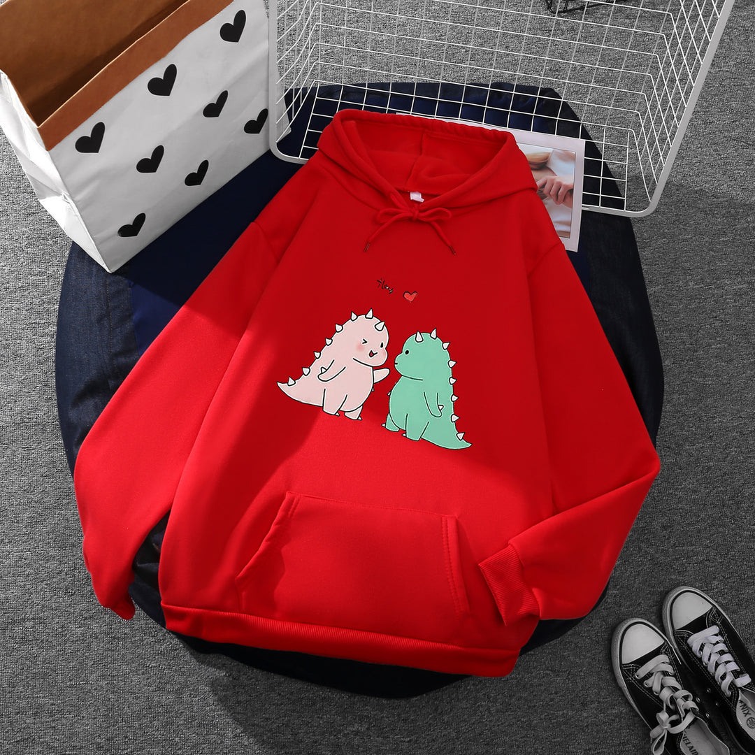Damen nan Kapuzenpullover mit niedlicher Dinosaurierpärchen‑Illustration, Oversize‑Schnitt und Kängurutasche Drune