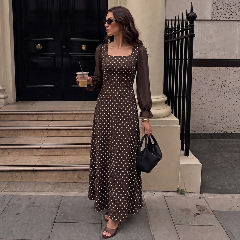 Damen Langes Maxikleid mit Puffärmeln und Punkten Drune