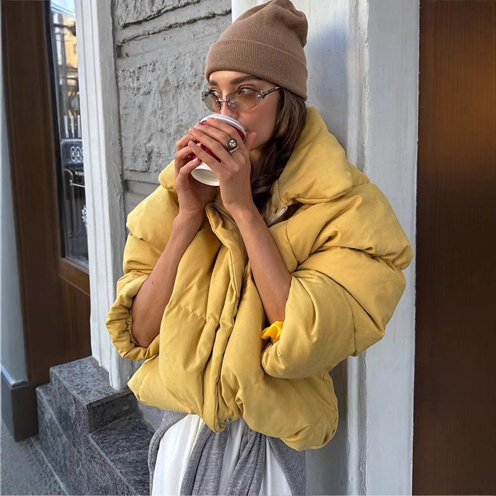 Damen Kurze wattierte Cropped-Pufferjacke mit voluminösen Ballonärmeln Drune