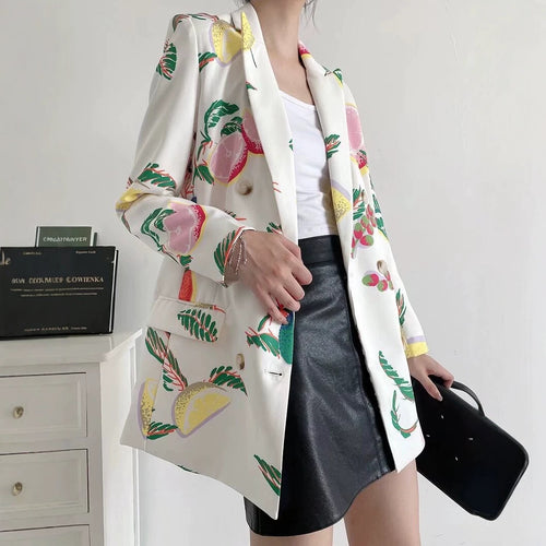 Damen Doppelreihiger Oversize-Blazer aus leichter Webware mit farbigem Zitrus-Print Drune