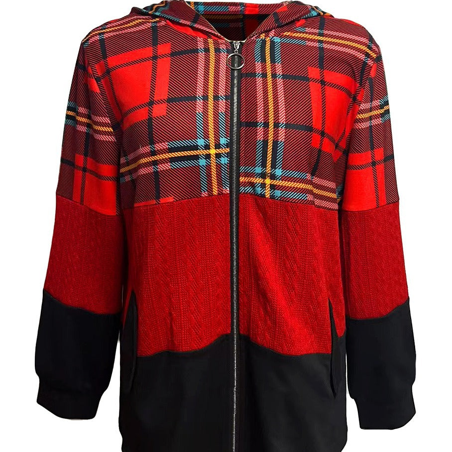 Damen nan lange Kapuzenjacke im Patchwork-Stil mit Karo‑ und Strickeinsätzen, Frontreißverschluss und Eingrifftaschen Drune