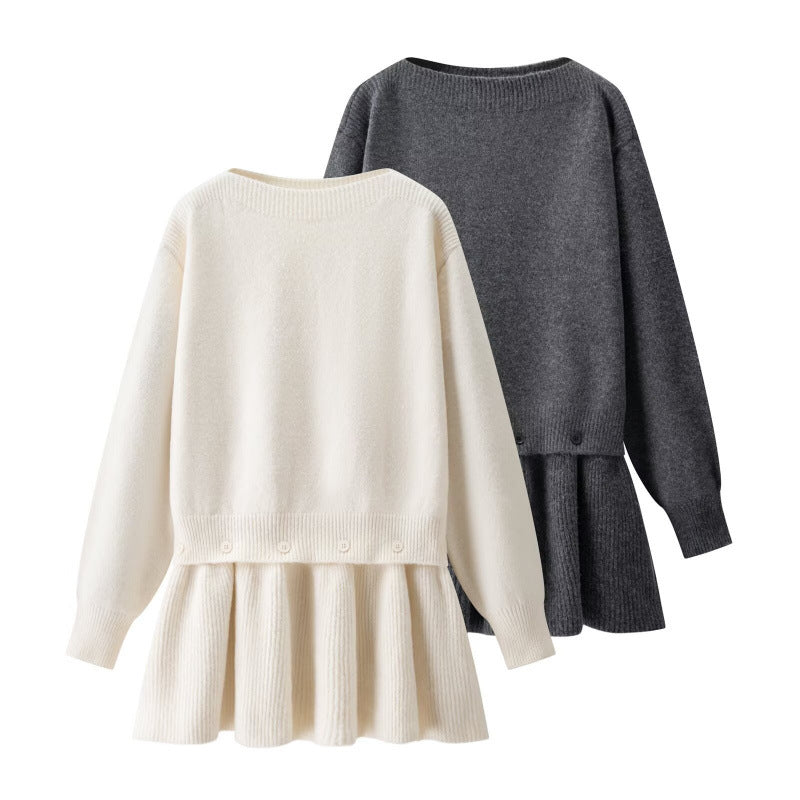 Damen Strickkleid mit angesetztem Volantrock und dekorativer Knopfleiste Drune