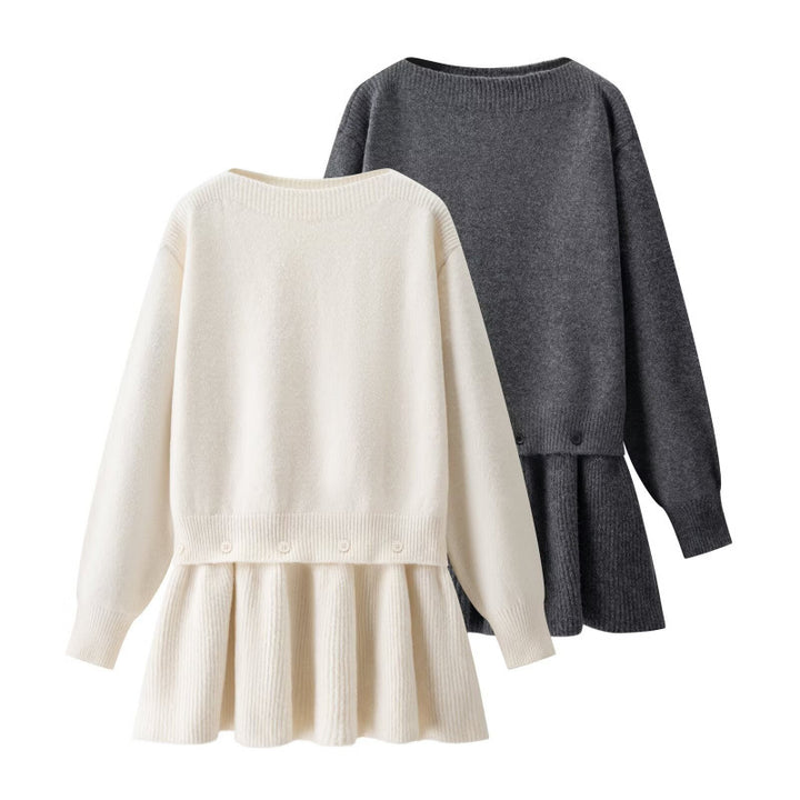 Damen Strickkleid mit angesetztem Volantrock und dekorativer Knopfleiste Drune