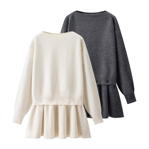 Damen Strickkleid mit angesetztem Volantrock und dekorativer Knopfleiste Drune