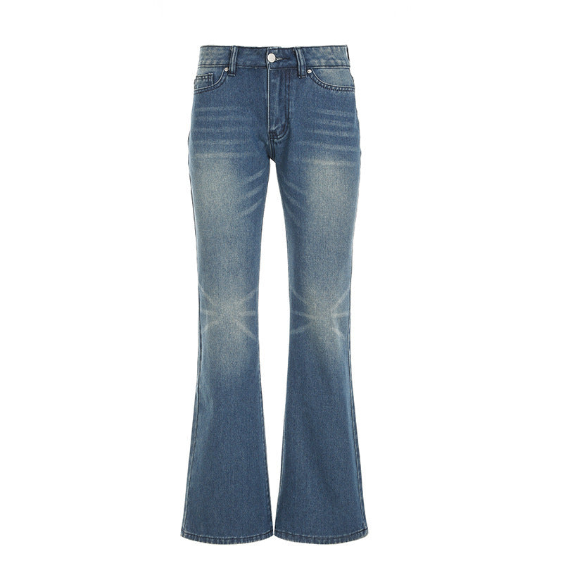 Damen hochtaillierte Schlagjeans mit dezenter Used-Waschung und ausgestelltem Bein Drune