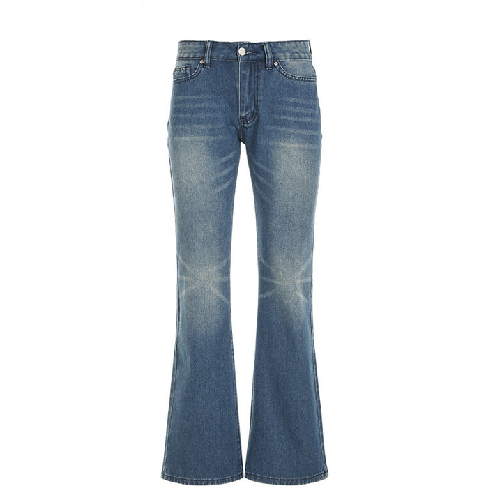 Damen hochtaillierte Schlagjeans mit dezenter Used-Waschung und ausgestelltem Bein Drune