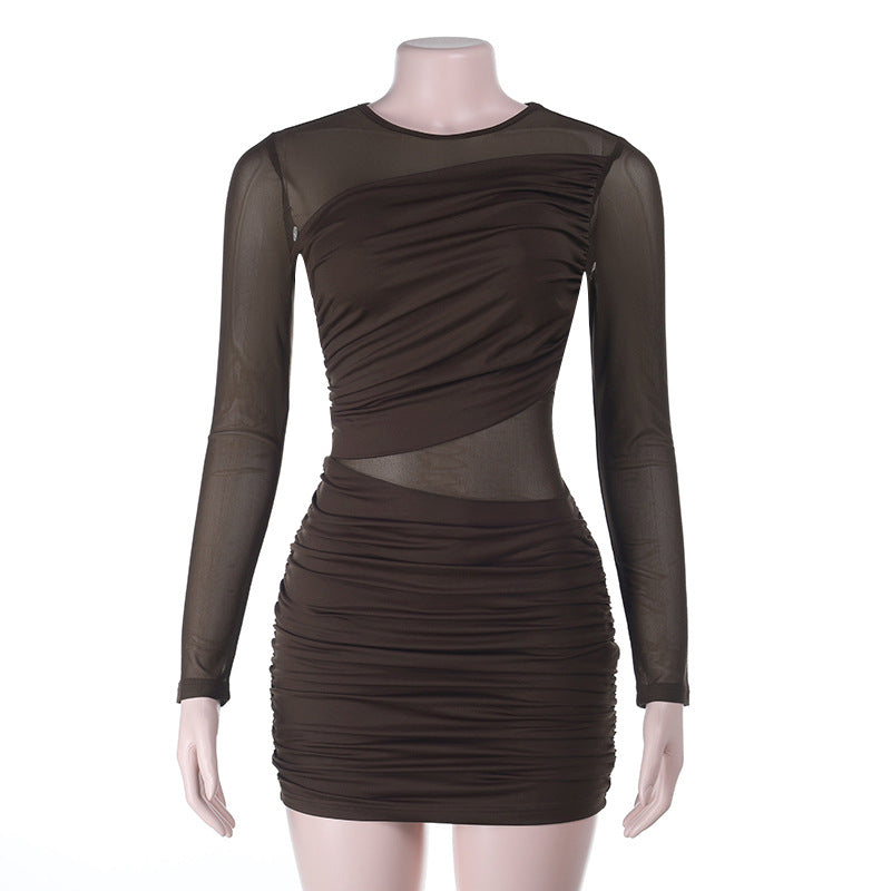 Damen figurbetontes Minikleid mit Raffung und transparenten Einsätzen Drune