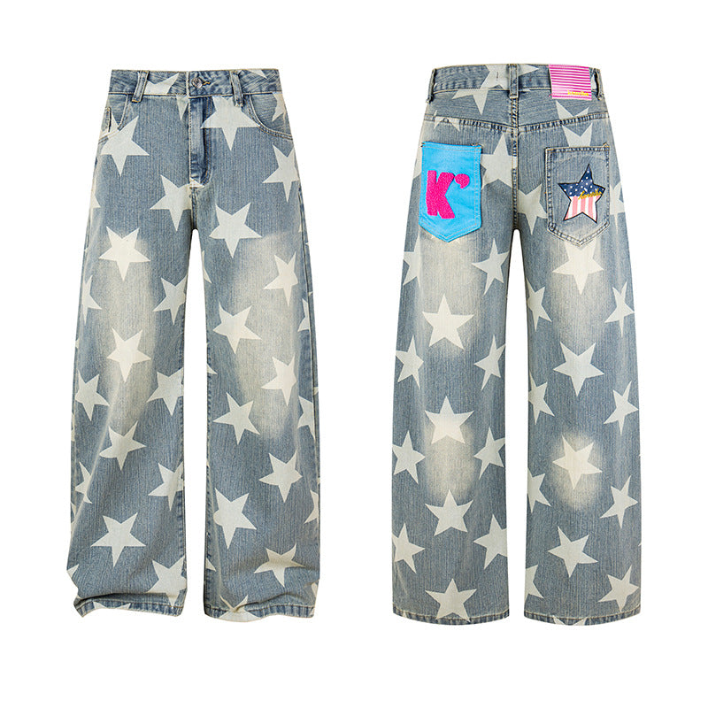 Damen Weite Hochbund-Culotte-Jeans mit hoher Taille und Allover-Sterneprint Drune