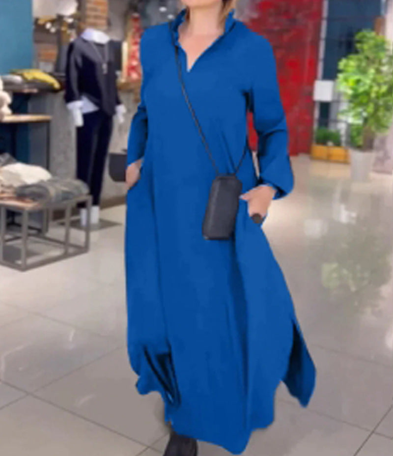 Damen Lange Maxi Kleid mit Stehkragen, Seitentaschen und Lockerem Fall Drune
