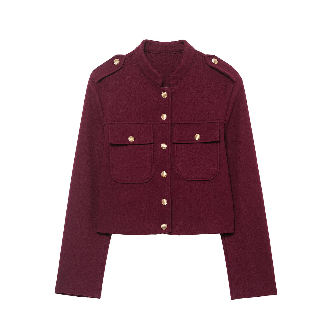 Damen Kurz geschnittene Militärinspirierte Wolljacke mit Stehkragen, Schulterklappen und goldknopf-Details Drune