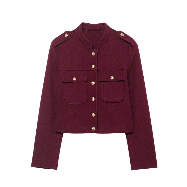 Damen Kurz geschnittene Militärinspirierte Wolljacke mit Stehkragen, Schulterklappen und goldknopf-Details Drune