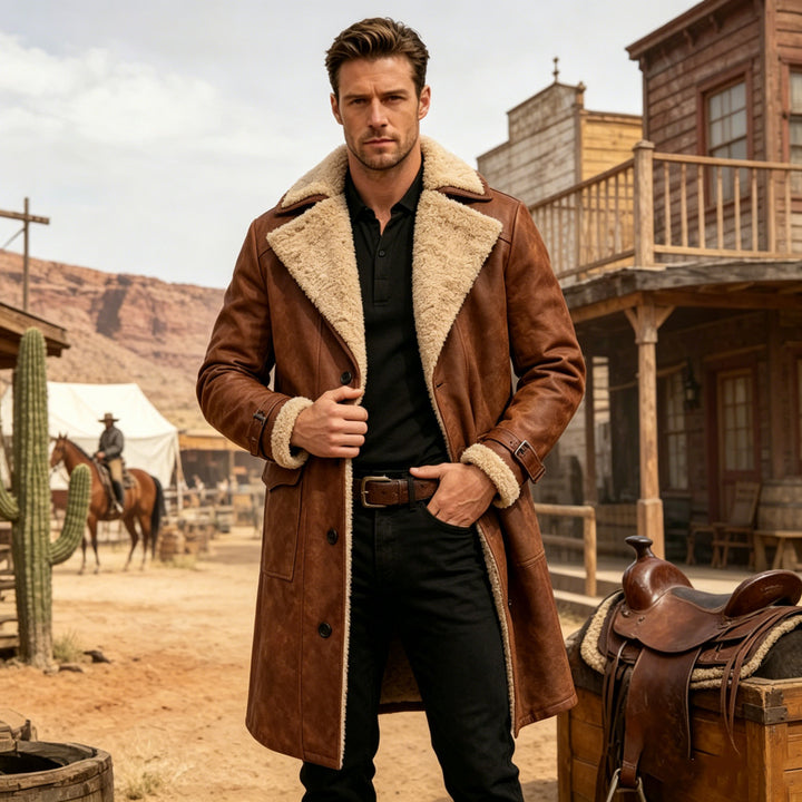 Herren nan langer vintage Biker-Ledermantel mit durchgehendem Sherpa-Futter, Pattentaschen und verstellbaren Schnallenmanschetten Drune
