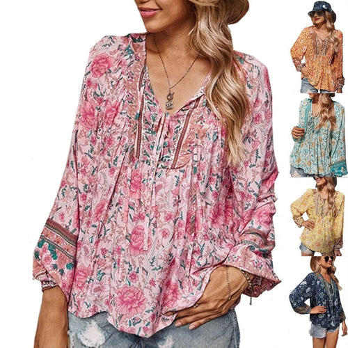 Damen Boho-Bluse mit floralem Print, V‑Ausschnitt mit Bindeband und Plissée-Details Drune