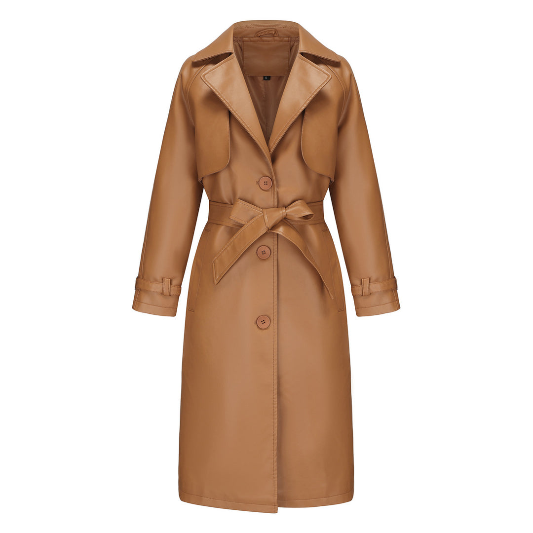 Damen nan langer taillierter Kunstleder-Trenchcoat mit Bindegürtel Drune