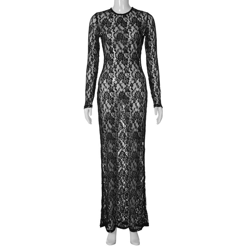 Damen Spitzenabendkleid mit elegantem Rückenausschnitt und langem Arm Drune
