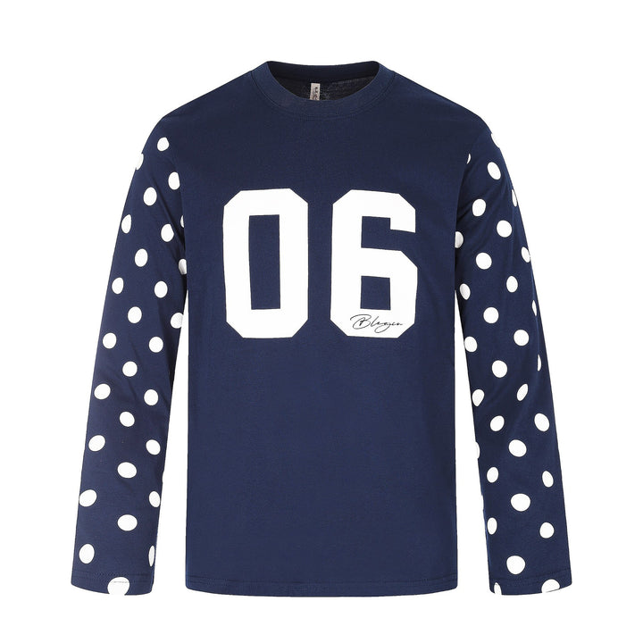 Damen Langärmliges Statement-Shirt mit Polka‑Dot-Ärmeln und Zahlendruck Drune