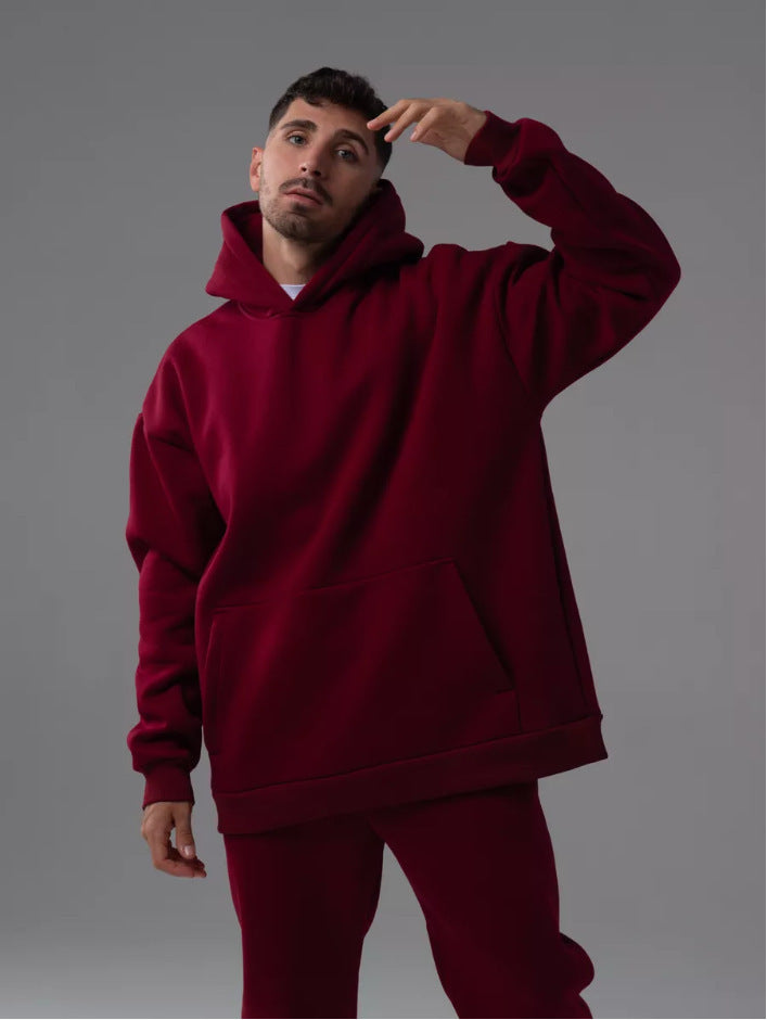 Herren nan schwerer Fleece-Boxy-Hoodie mit tiefem Schulterfall verstärkter Kapuze und Kängurutasche Drune