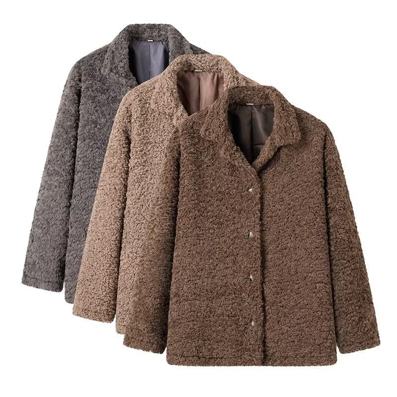 Damen nan kuschelige Teddyjacke mit Hemdkragen Druckknopfverschluss und wärmender Wattierung Drune