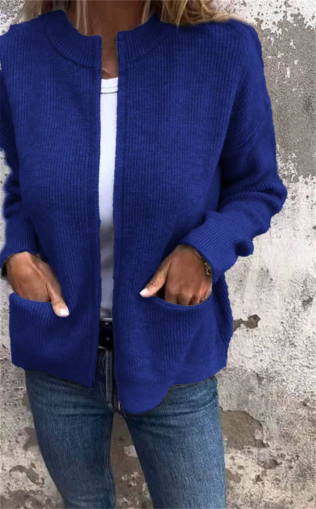 Damen Offene Strickjacke mit Rundhalsausschnitt, Eingrifftaschen und Relaxed-Fit Drune