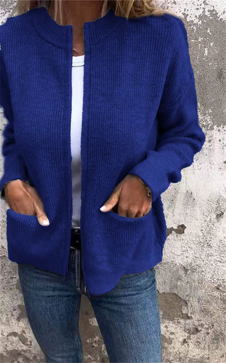 Damen Offene Strickjacke mit Rundhalsausschnitt, Eingrifftaschen und Relaxed-Fit Drune