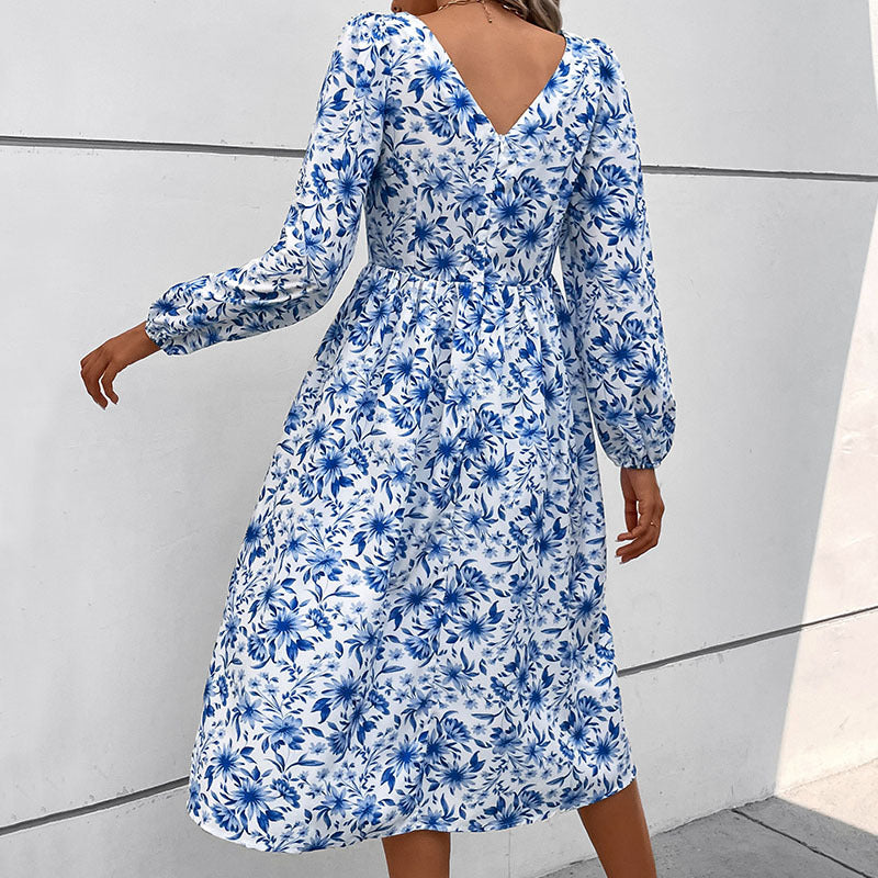 Damen Blumiges Midi-Kleid mit schulterfreien Ärmeln Drune