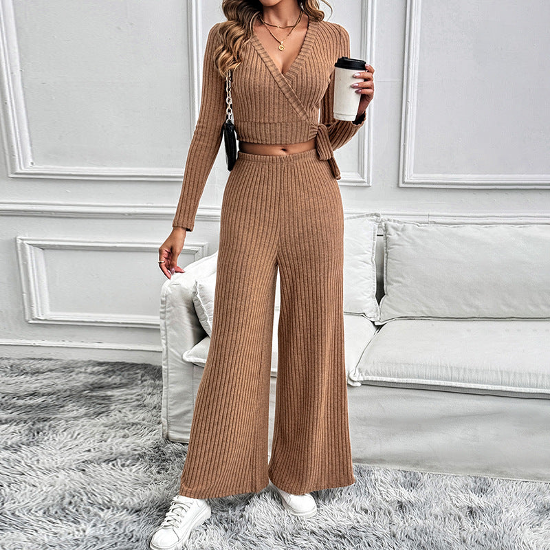Damen Elegantes Strick-Set mit Wickeloberteil und weitem Bein Drune