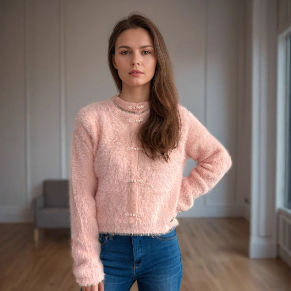 Damen kuscheliger Pullover mit hochgeschlossenem Kragen und dekorativen Knopfdetails Drune