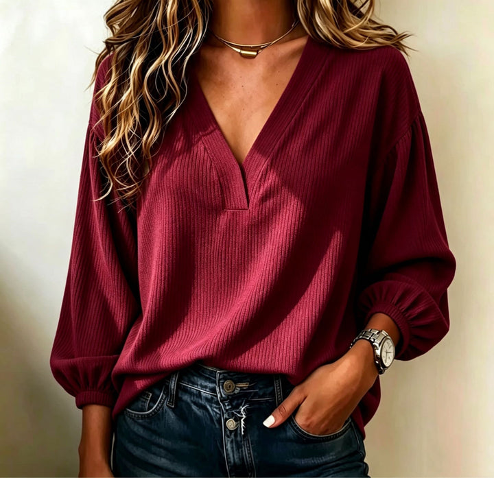 Damen Gerippter V-Ausschnitt Pullover mit Ballonärmeln Drune