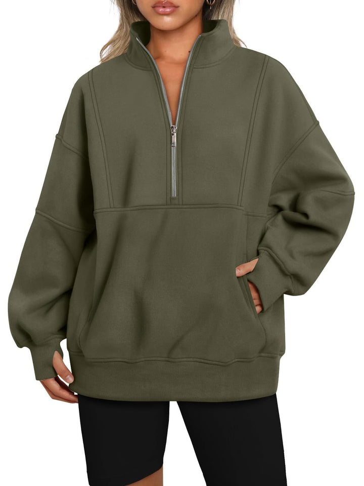 Damen Oversize-Sweatshirt mit halbem Reißverschluss, Stehkragen und Kängurutasche Drune