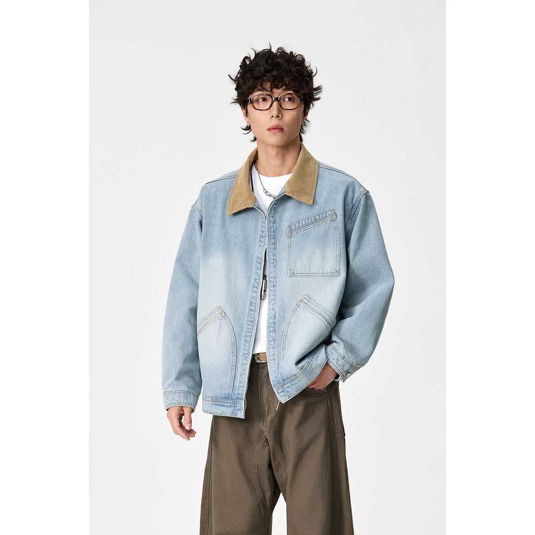 Herren Relaxed-Denimjacke mit Kontrast-Cordkragen und schräger Brusttasche Drune