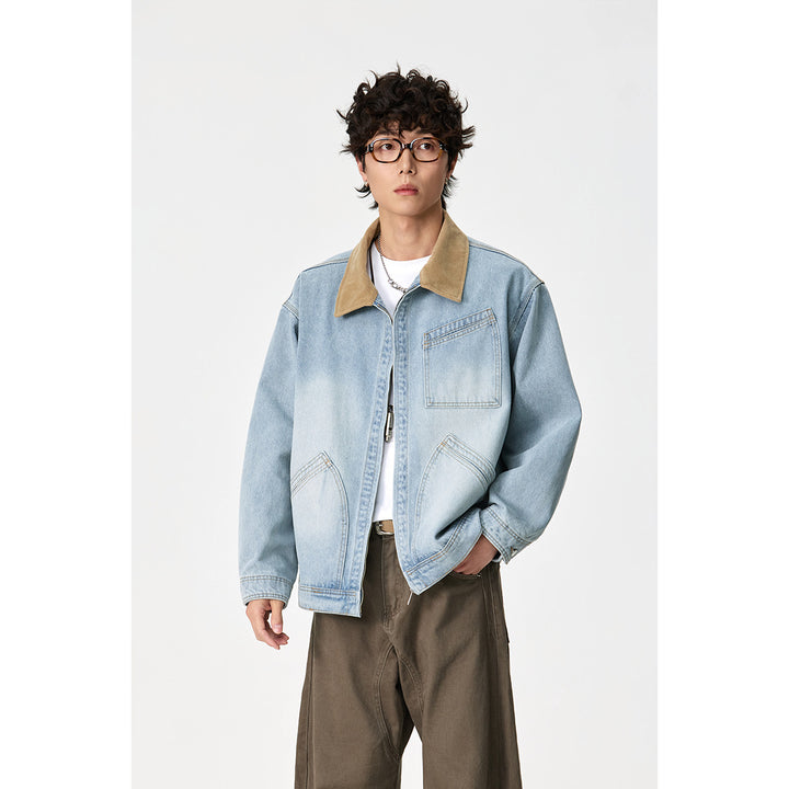 Herren Relaxed-Denimjacke mit Kontrast-Cordkragen und schräger Brusttasche Drune