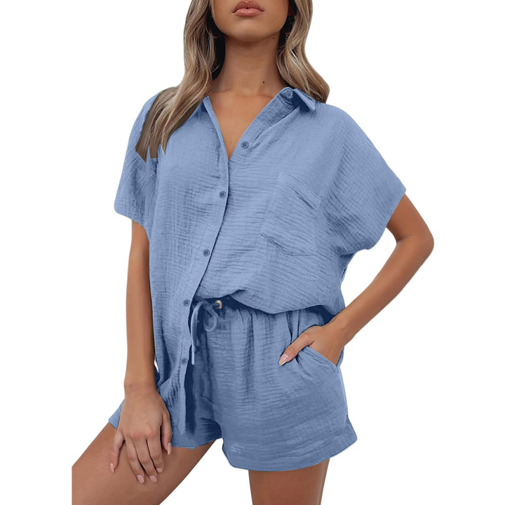 Damen lässiges Kurzarm-Hemd und Shorts Set aus strapazierfähigem Baumwollmaterial mit praktischen Taschen und elastischem Bund Drune