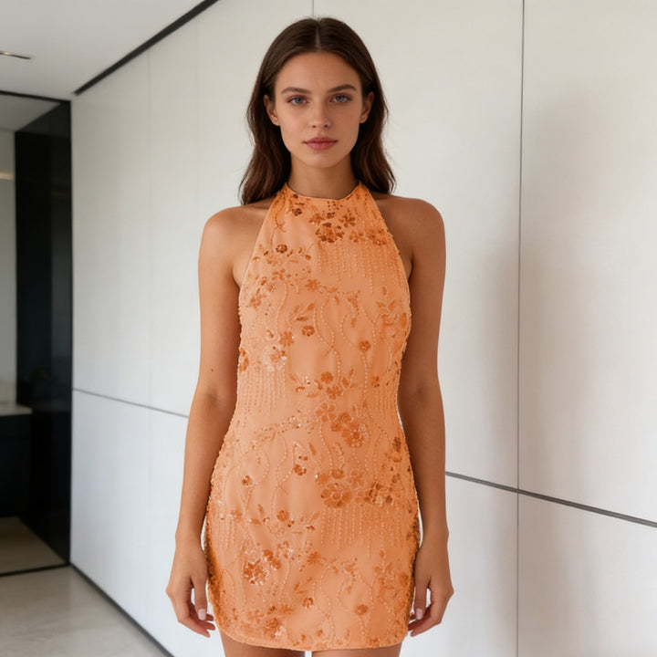Damen Hochgeschlossenes Pailletten-Minikleid mit floralen Akzenten Drune