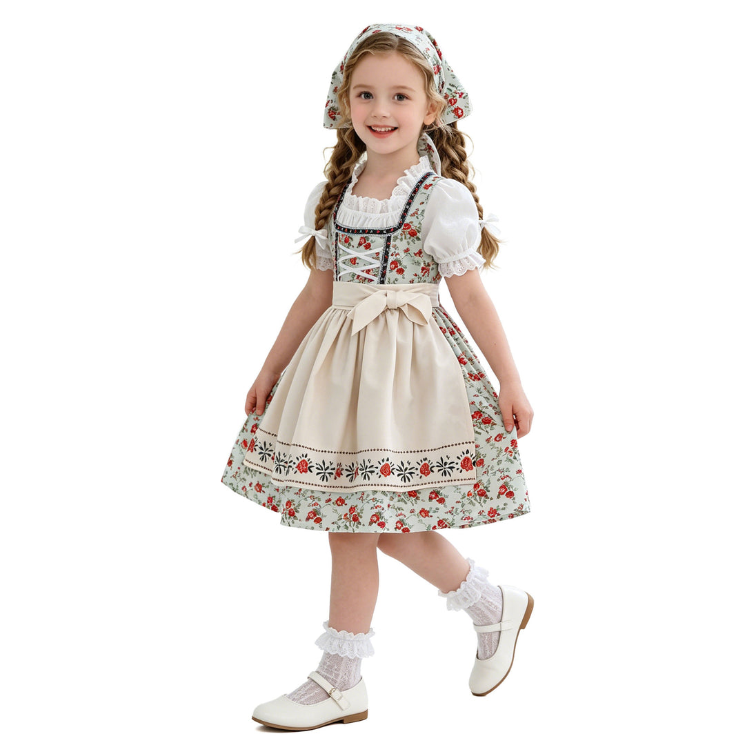 Damen nan traditionelles Kinderdirndl-Set mit Schnürkorsett, Puffärmeln und Kopftuch Drune