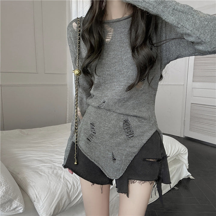 Damen stylischer Strickpullover mit lässigen Rissen und asymmetrischem Saum Drune