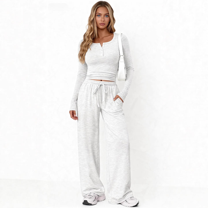 Damen nan Lounge-Set aus Feinstrick mit Henley-Oberteil und weiten Palazzo-Hosen Drune