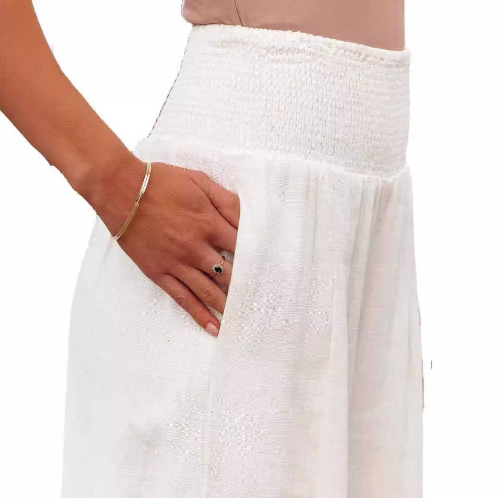 Frauen Weite Bein Smocked Hohe Taille Leinenmischung Hosen Drune