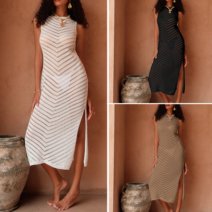 Damen Elegantes Strick-Maxikleid mit asymmetrischem Saum und seitlichem Schlitz Drune