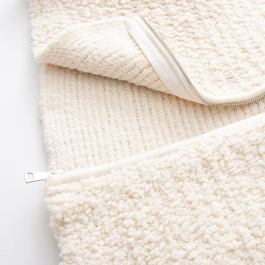 Damen Teddy-Fleece Kurzjacke mit weitem Umlegekragen und durchgehendem Reißverschluss Drune