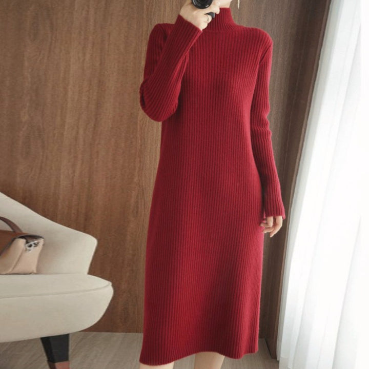 Damen elegantes Strickkleid mit hohem Kragen und feinem Rippdesign Drune