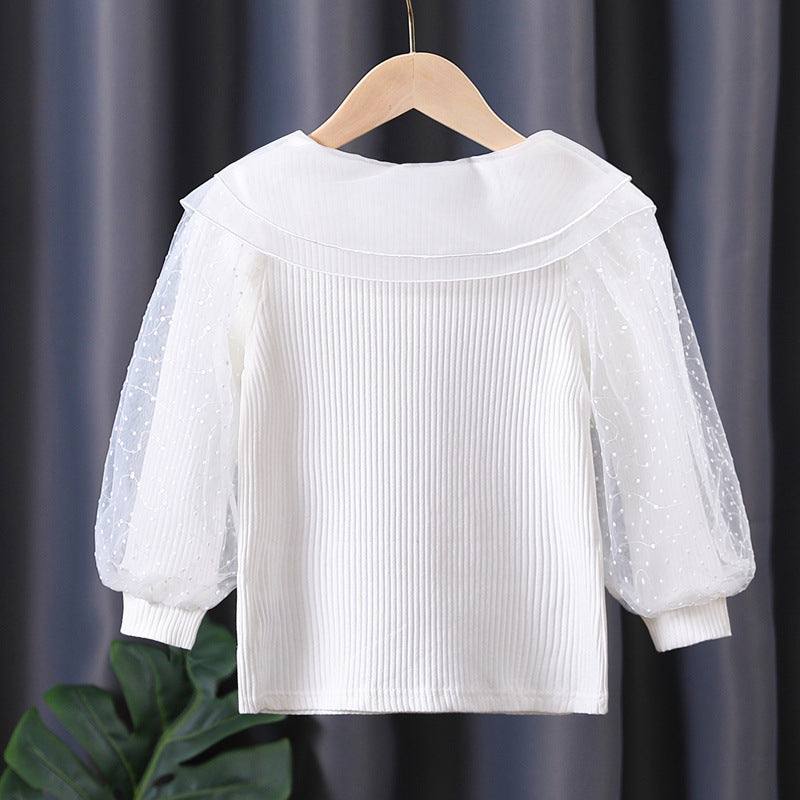 Damen elegante Bluse mit Puffärmeln und Spitzenkragen Drune
