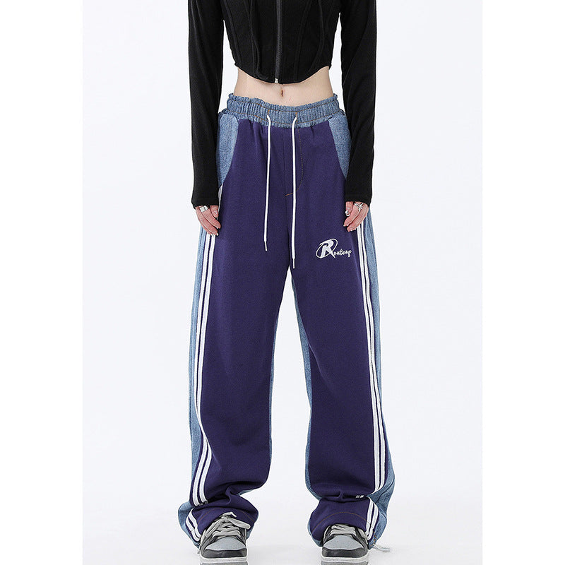 Damen nan weite Jogginghose mit hoher Taille und Jeansstoffeinsätzen sowie Seitenstreifen Drune