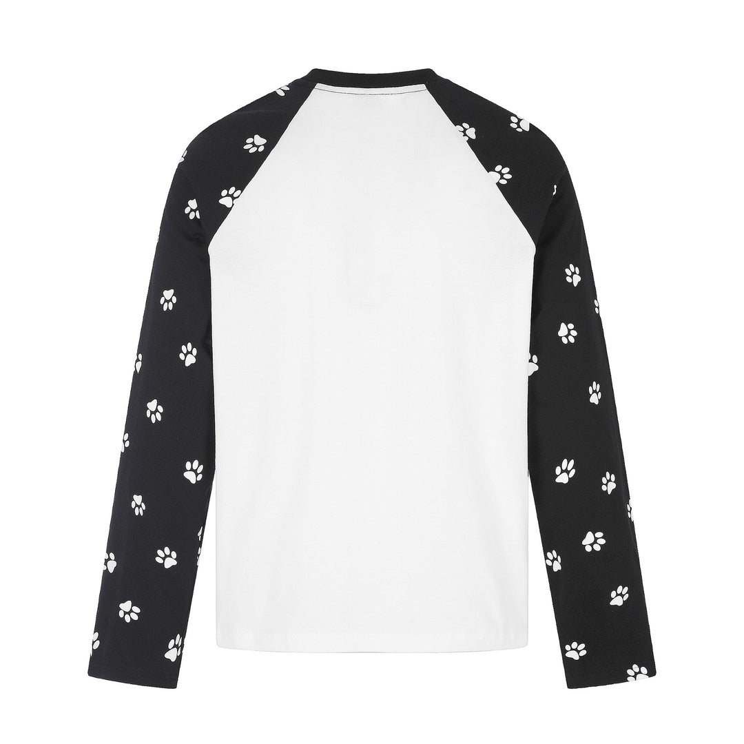Damen Longsleeve-Raglanshirt mit Hunde‑Slogan und Pfotenmuster Drune