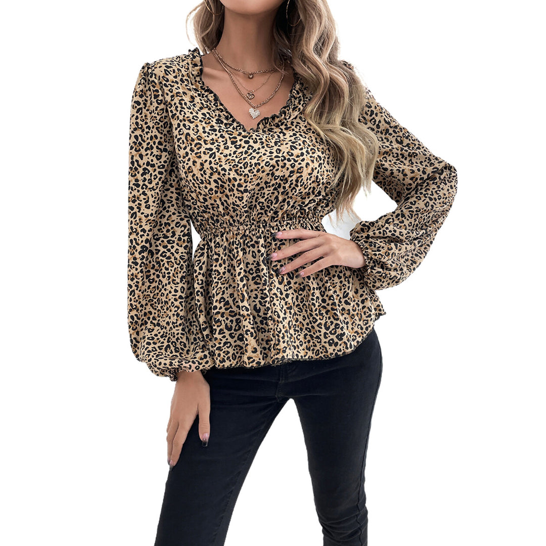 Damen lässige Bluse mit animalischem Muster und voluminösen Ärmeln Drune