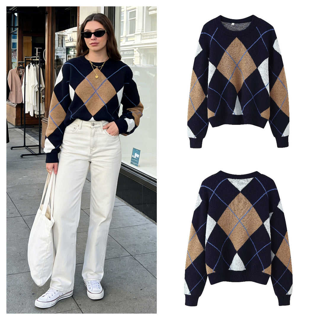 Damen modischer Pullover mit elegantem Rautenmuster Drune