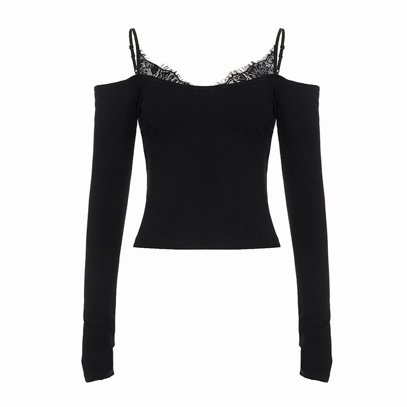 Damen Schulterfreies Langarm-Cami mit zarter Spitzen-Innenschicht und verstellbaren Spaghettiträgern Drune