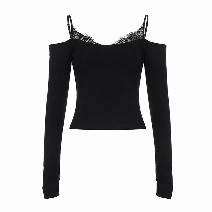 Damen Schulterfreies Langarm-Cami mit zarter Spitzen-Innenschicht und verstellbaren Spaghettiträgern Drune